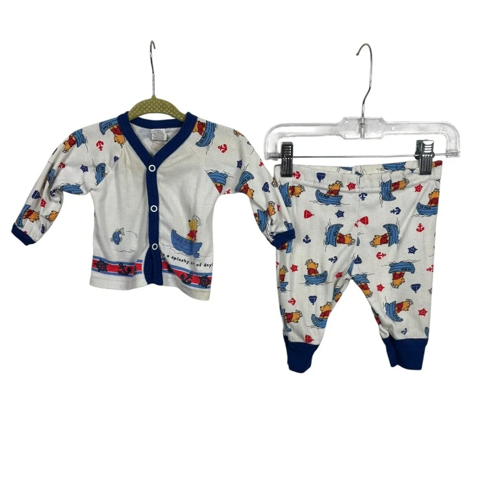 Vtg Disney Winnie the Pooh Baby Nautical Cardigan Top Pants Set Sz NB White Blue - Picture 1 of 8